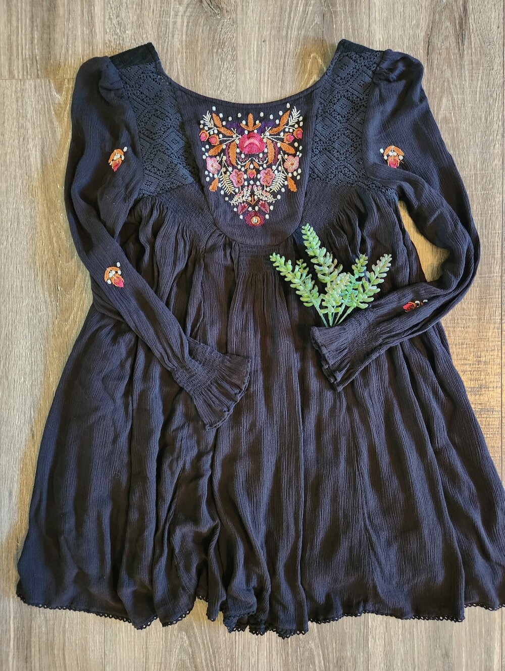 Free People Black Embroidered Boho Tunic Top